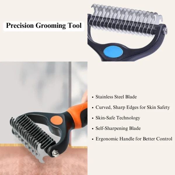 10004 Close-up of stainless steel dematting comb teeth and ergonomic anti-slip handle for cats and large dogs