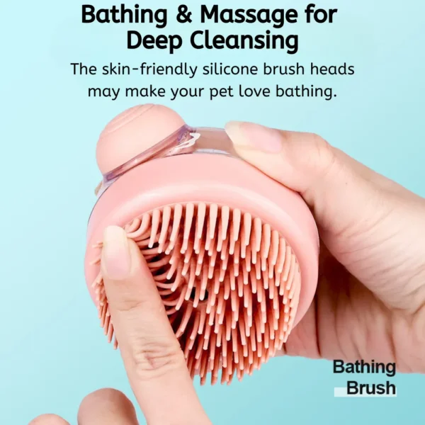 10004 Cat being groomed with silicone pet shampoo brush in home bathing scene