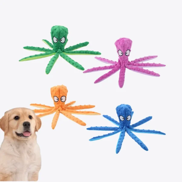 10004 Dog playing with colorful plush octopus toy, suitable for pet stores and grooming shops