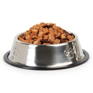 Dog eating from durable stainless steel pet feeding bowl with rubber base