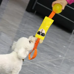 Interactive dog tug toy with squeaker for chewing, playing, and teeth cleaning