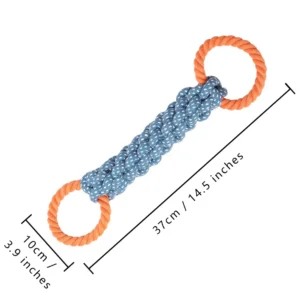 10005 Size guide of double ring dog rope toy showing length and ring diameter for wholesale buyers