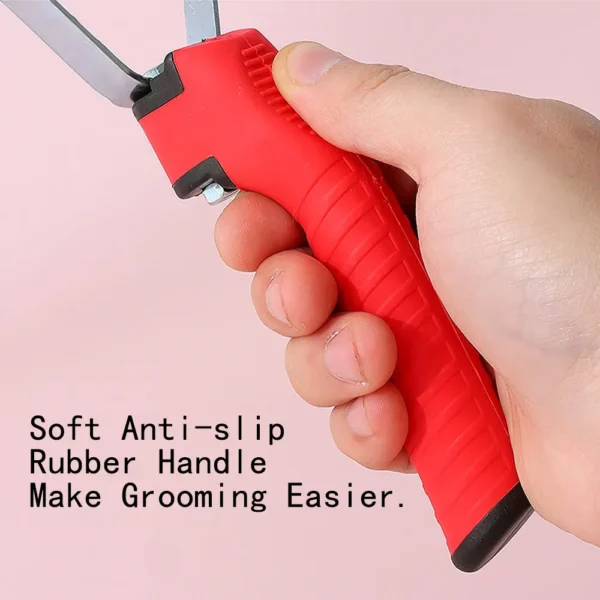 10005 Close-up of rounded stainless steel pins and ergonomic anti-slip rubber handle on large pet rake comb grooming brush