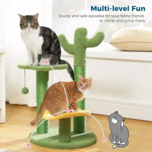 cat playing on soft plush green cactus cat tree in pet store or grooming salon