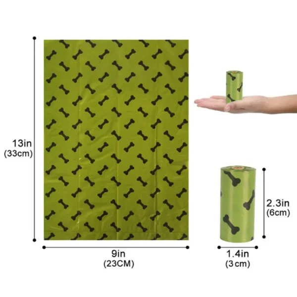 10006 Size chart of dog poop bag dispenser with 2 rolls of biodegradable pet trash bags