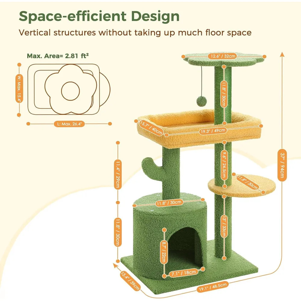 Dimensions of cactus cat tree with sisal posts and kitten play condo – ideal for retail display