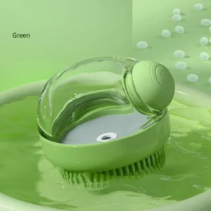 Green silicone pet shampoo brush with built-in dispenser
