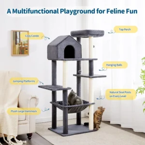 10007 Cat lounging on hammock of multilayer cat activity tree indoors