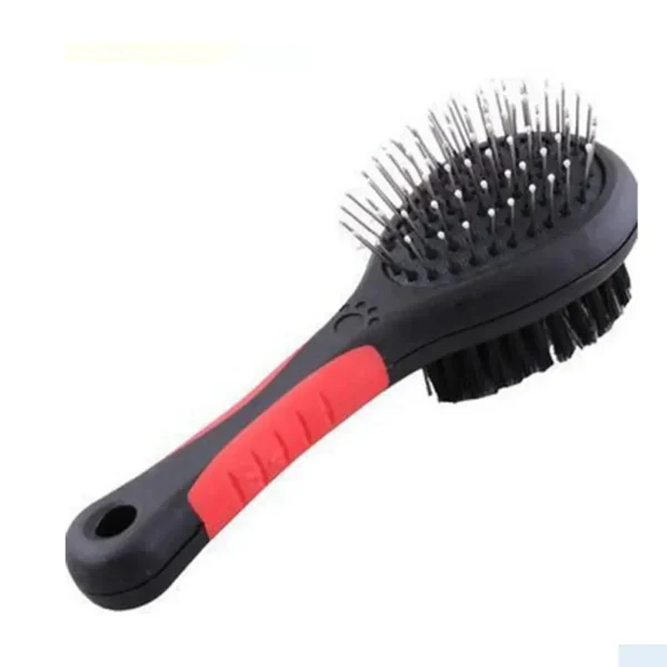 2-in-1 double-sided pet brush with nylon bristles and stainless steel pins for dogs and cats