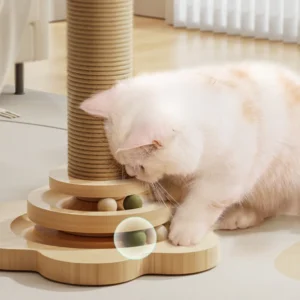 Cat playing with teaser ball on 3-in-1 scratching tower in living room