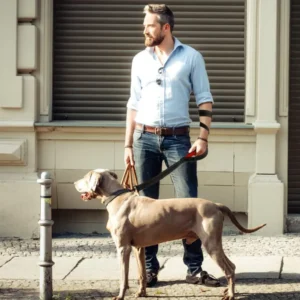 Large dog walking with reflective leash outdoors, wholesale supply for pet shops and groomers