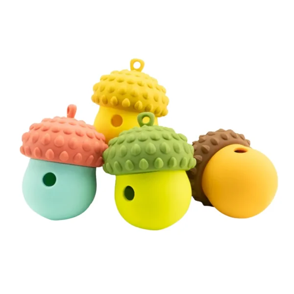 10009 Set of 4 assorted berry-shaped silicone dog slow feeder toys in green, yellow, red, and brown