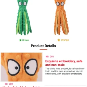 10010 Close-up view of durable stitching and squeaker inside plush octopus dog toy