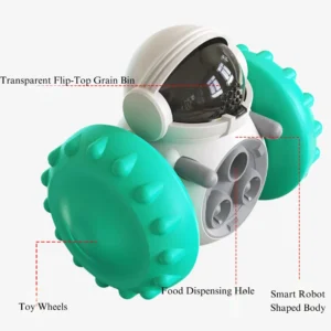 10013 Close-up of robot shaped pet toy food dispenser showing treat outlet