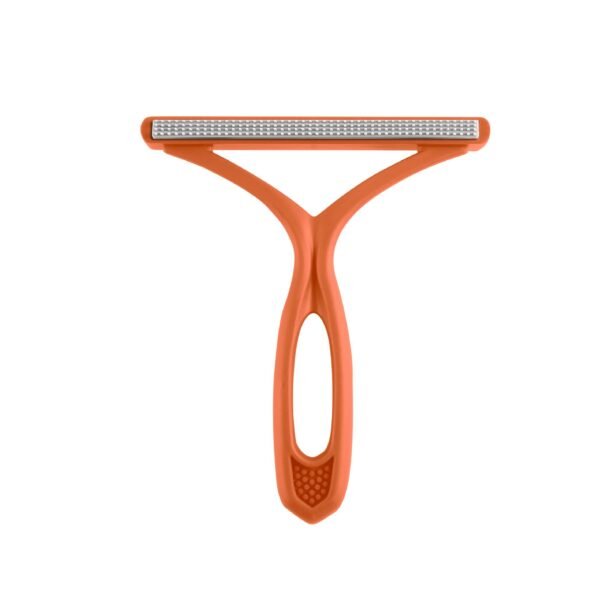 Double-sided pet hair remover brush in pink, orange, and dark blue for cats and dogs