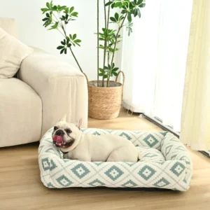 Dog resting in large jacquard plush pet bed – ideal for pet stores and retail displays