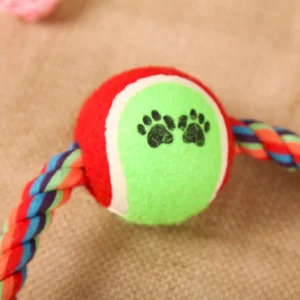 Close-up of durable rope and tennis ball design dog toy