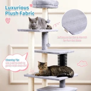 Large cat climbing and lounging on wholesale multi-level cat tree tower in modern pet store