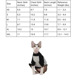 Size chart for wholesale cat sweatshirts – pet apparel sizing guide for retailers and shops
