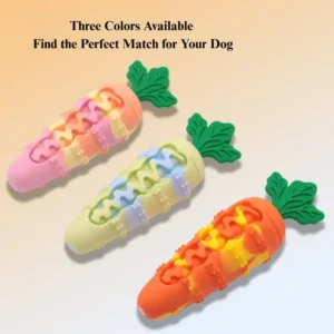 Close-up of silicone carrot dog chew toy texture and squeaker design
