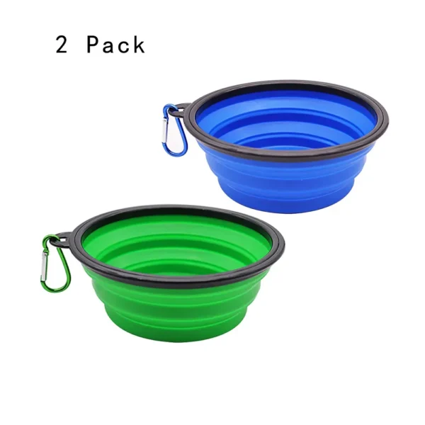 10001 2 Pack collapsible silicone dog bowls with carabiner clip, wholesale portable pet food and water bowls in green and blue