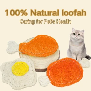 Cat playing with loofah chew toy on the floor, showing interactive self-play and boredom relief.