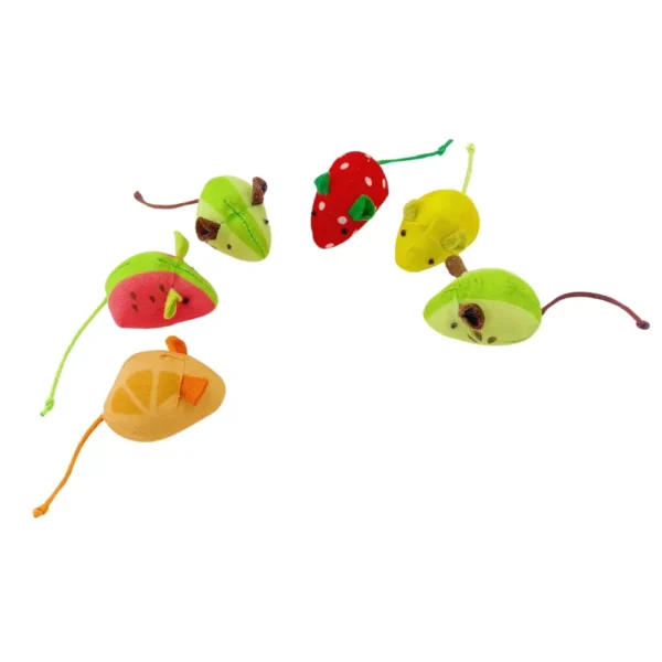 10002 Fruit mouse cat toys in yellow, red strawberry, orange, watermelon, and kiwi designs