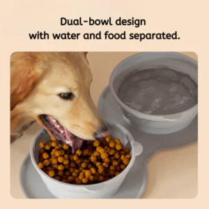Dog drinking water from silicone foldable double travel bowl outdoors