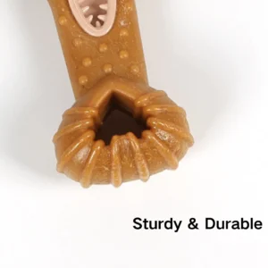 Close-up of wood-infused dog chew toy with textured surface for teeth cleaning