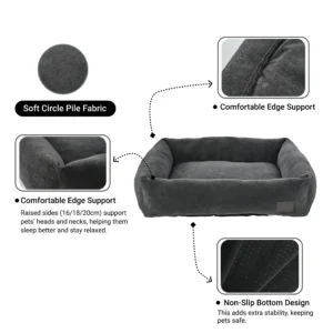Close-up of grey circle pile fabric pet bed showing soft texture and anti-slip base