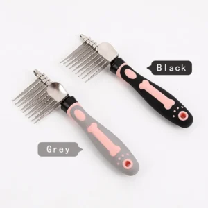 Dematting comb with serrated blades cutting through mats and tangles on long-haired cat