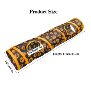 10002 Halloween cat tunnel toy size chart with foldable pumpkin design.