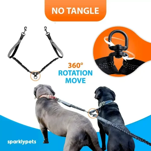 10002 Hands-free leash for two dogs featuring adjustable waist belt, strong clips, and bungee stretch for safety
