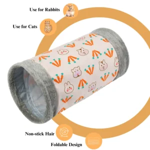 Cat playing inside foldable carrot print pet tunnel, interactive toy for small pets
