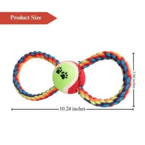 Size comparison of figure eight rope tennis ball dog toy with measurements