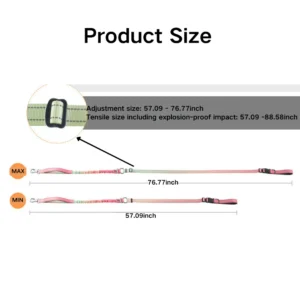 10004 Size guide of gradient color hands-free bungee dog leash showing adjustable length for wholesale buyers
