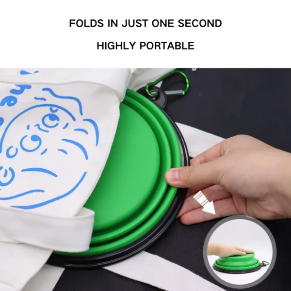 10004 Travel dog bowl with carabiner clip attached to backpack for convenient carrying