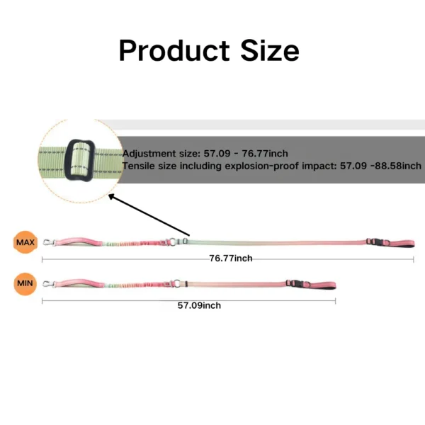 10004 Size guide of gradient color hands-free bungee dog leash showing adjustable length for wholesale buyers