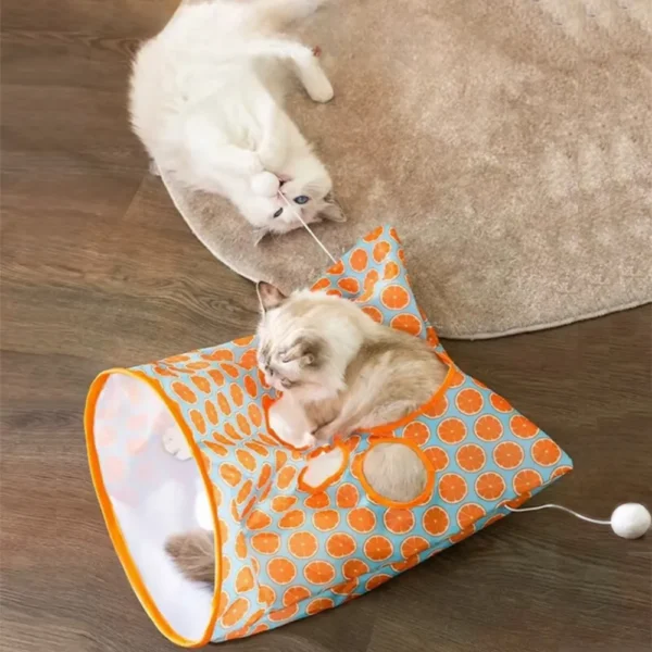 10005 Cat running through crinkle play tunnel with peepholes and toy