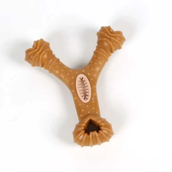 Durable wood-infused dog chew toy for dental health and training