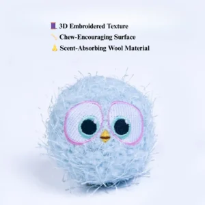 10005 Close-up of plush squeaky dog ball with embroidered cartoon face design