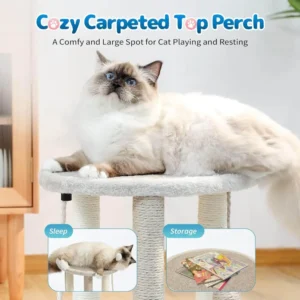 10005 Interactive cat tree showing scratching post, rope play ball, and climbing surface