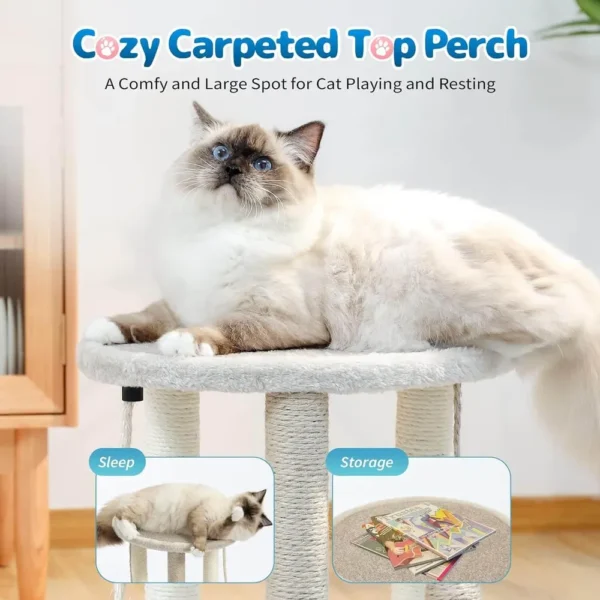10005 Interactive cat tree showing scratching post, rope play ball, and climbing surface
