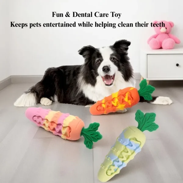 10006 Dog playing with silicone carrot squeaky chew toy indoors