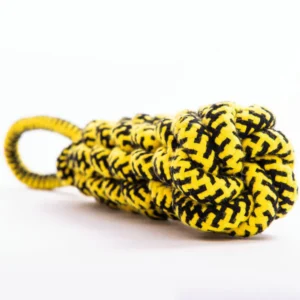 Close-up of strong braided cotton dog rope toy showing durable texture for chewing and tugging