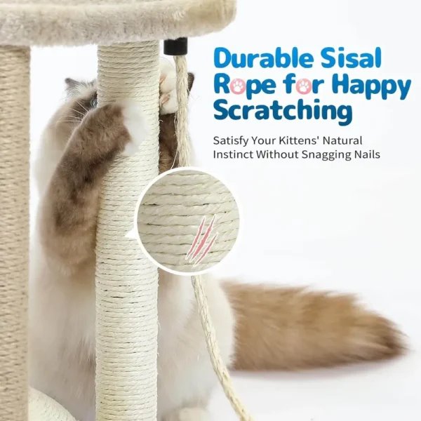 10009 Interactive cat tree showing scratching post, rope play ball, and climbing surface