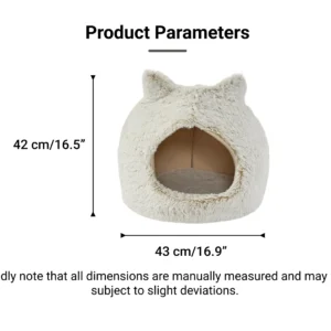 10010 Size chart of plush cat cave bed with ear design, wholesale pet bed for cats and small animals.