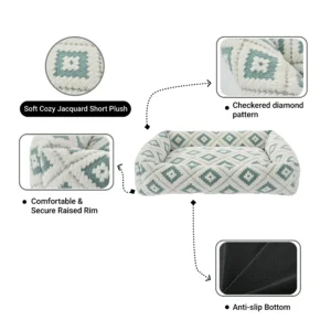 Close-up of jacquard pattern and soft plush fabric on durable wholesale pet bed