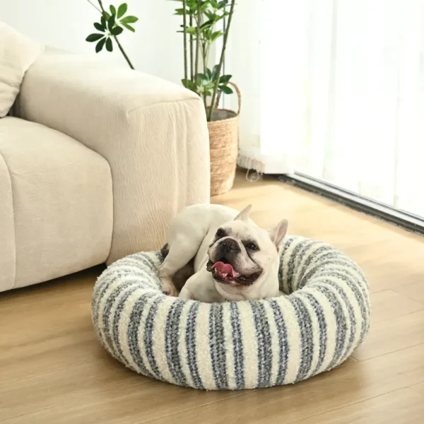 5dfa8cf47ea1131a931dd55ec73b945d Small cat dog resting in soft striped donut pet bed, XS round cushion.