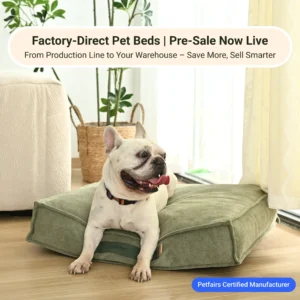 Medium dog resting on wholesale pet cushion bed with handle